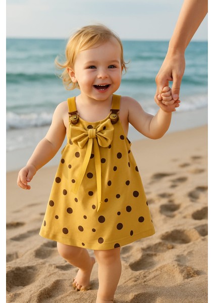 Kurdeleli Puantiyeli Askılı Kız Çocuğu Elbise