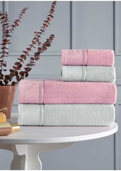 4 Parça Best Hamam Seti, Banyo Havlu Takımı-Ditsy Pembe Gri