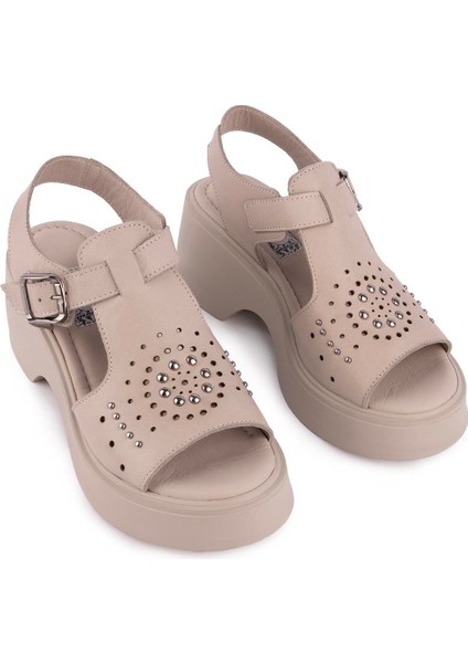 Hakiki Deri Modern Zımbalı Kalın Taban Sandalet Taş 1503