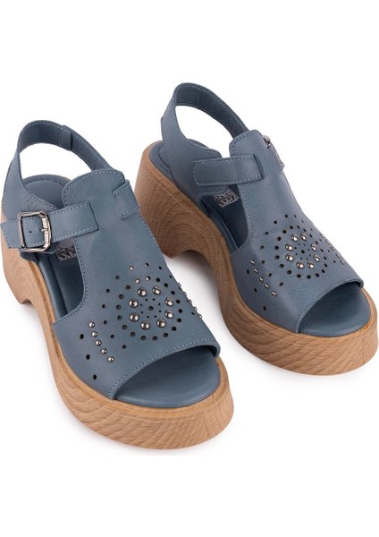Hakiki Deri Modern Zımbalı Kalın Taban Sandalet Kot Mavi 1503