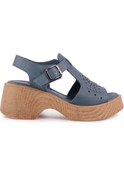 Hakiki Deri Modern Zımbalı Kalın Taban Sandalet Kot Mavi 1503 modelleri