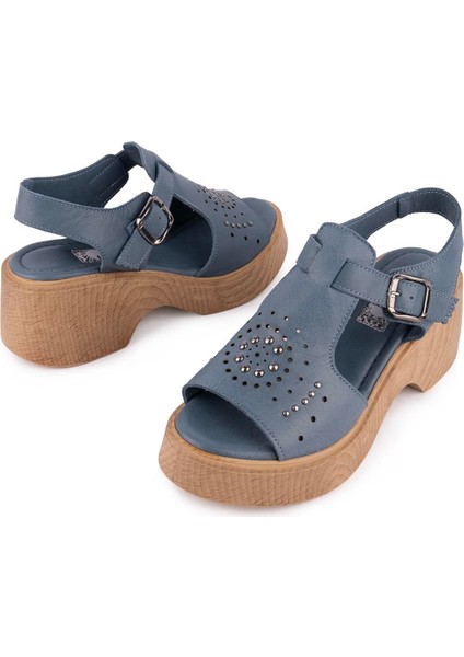 Hakiki Deri Modern Zımbalı Kalın Taban Sandalet Kot Mavi 1503 fırsatları