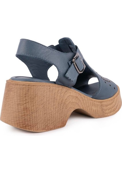 Hakiki Deri Modern Zımbalı Kalın Taban Sandalet Kot Mavi 1503 indirimleri