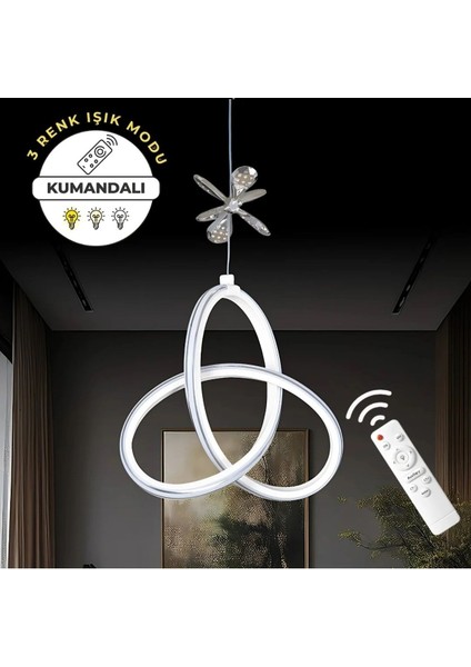 Yonca Beyaz Uzaktan Kumandalı 3 Renk Ledli Krom Çizgili Kelebek Dekor Detaylı Dimmerli Avize