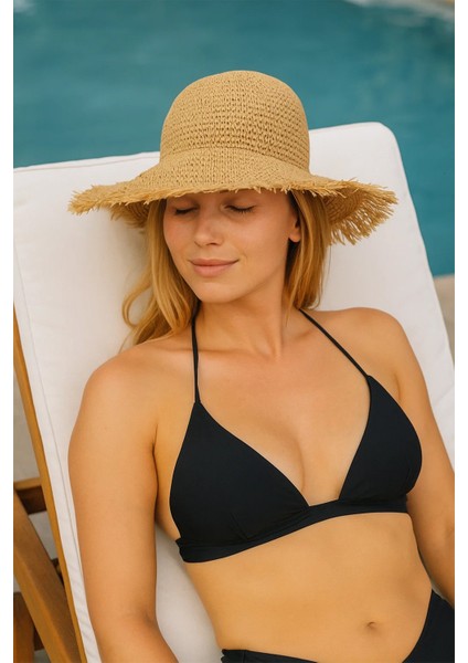 Ithal Camel Saçaklı Vip Örgü Bucket Hasır Şapka