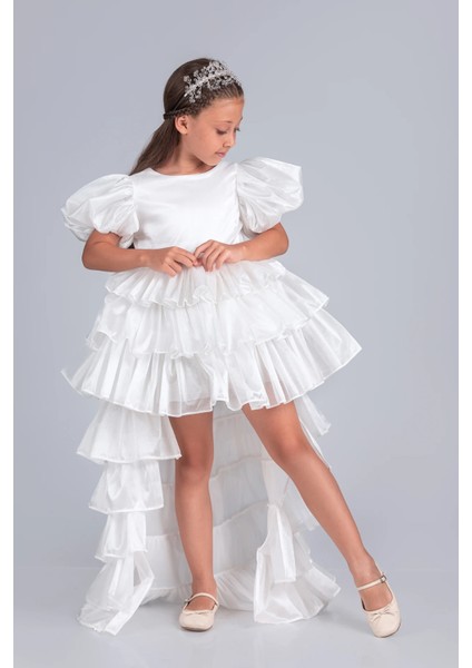 Volanella Taçlı Kız Çocuk Abiye Çift Tarz, Tek Elbise.