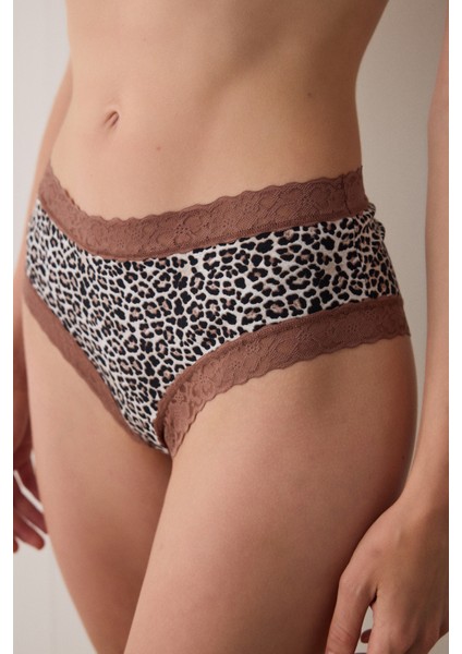 Bej Leopar Desenli Düşük Bel Pamuklu Hipster Külot