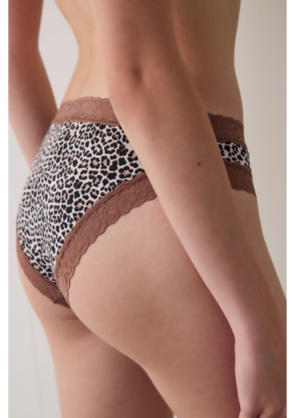 Bej Leopar Desenli Düşük Bel Pamuklu Slip Külot fiyatları