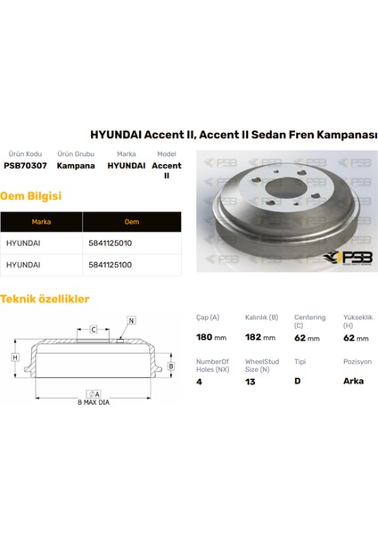 Fren Kampanası Arka 180MM Hyundaı Accent 2000-2002 Oem Kodu - 58411-25100-PSB70307