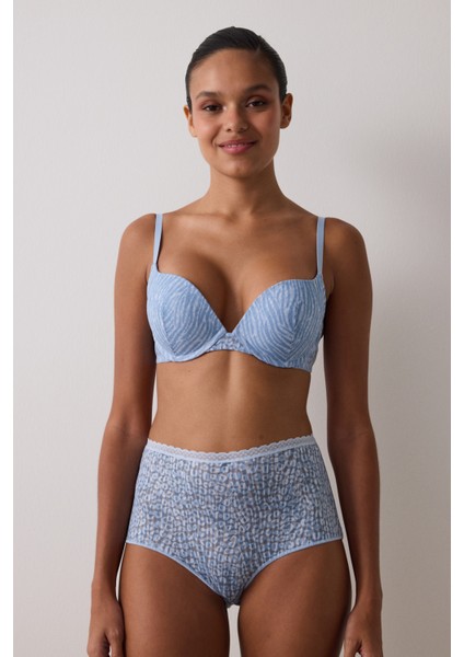 Açık Mavi Lol Up Zebra Desenli Dantelli Balenli Push Up Sütyen fiyatları