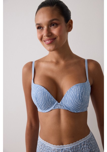 Açık Mavi Lol Up Zebra Desenli Dantelli Balenli Push Up Sütyen fırsatları