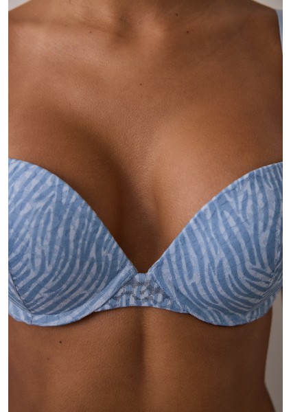 Açık Mavi Lol Up Zebra Desenli Dantelli Balenli Push Up Sütyen