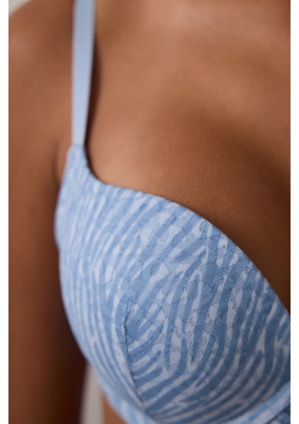 Açık Mavi Lol Up Zebra Desenli Dantelli Balenli Push Up Sütyen