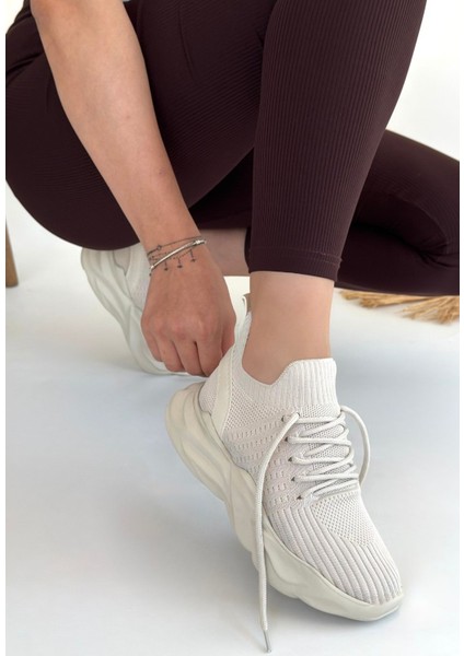 Bej Triko Bağcık Detaylı Kadın Hi Sneaker