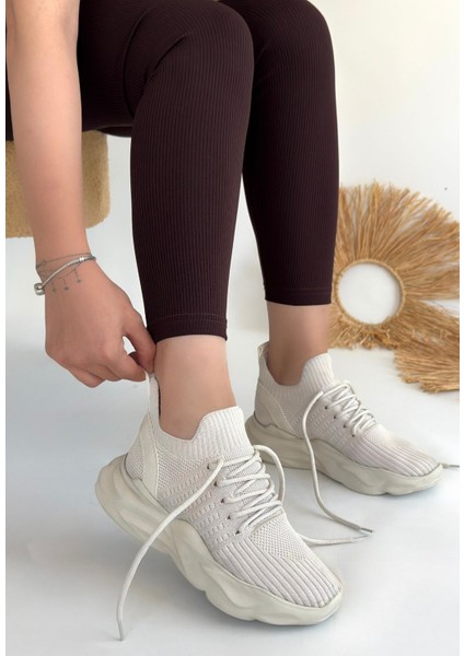 Bej Triko Bağcık Detaylı Kadın Hi Sneaker fiyatları