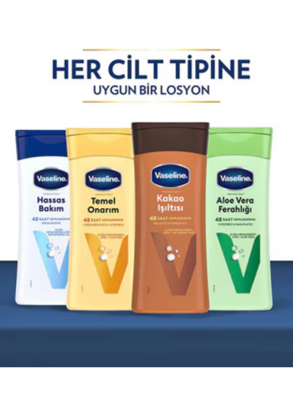 Vücut Losyonu 4'lü Set – 4 x 200 ml | Aloe Vera, Kakao, Hassas Bakım, Temel Onarım | Tüm Cilt Tipleri Için Nemlendirici Set