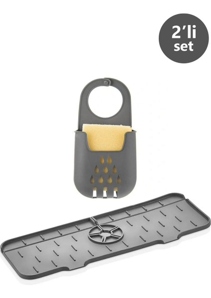 Oluklu Silikon Lavabo Musluk ve Sünger Tutucu Seti, Antrasit Renkli, Kullanışlı ve Şık. modelleri