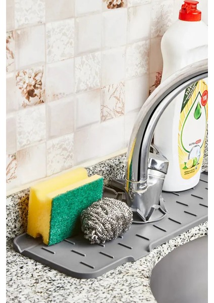 Oluklu Silikon Lavabo Musluk ve Sünger Tutucu Seti, Antrasit Renkli, Kullanışlı ve Şık. fırsatları