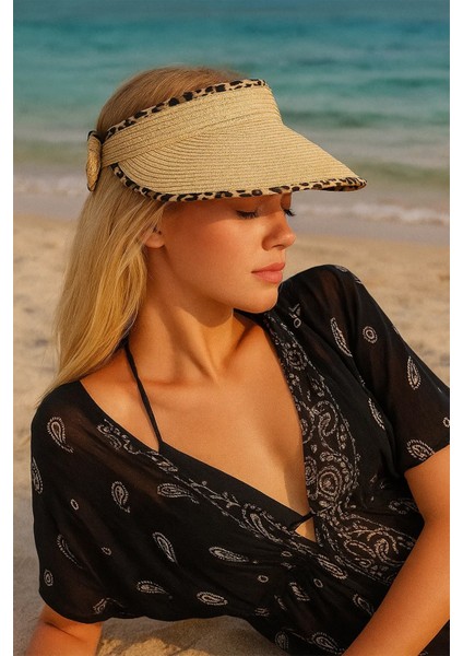 Ithal Bej Leoparlı Fiyonklu Katlanır Güneş Koruyucu Hasır Vizör Şapka fiyatları