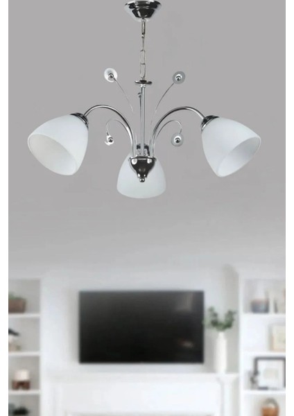 Modern Gri Boyalı Üçlü Avize Beyaz Camlı