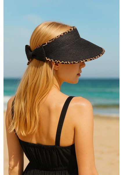 Ithal Siyah Leoparlı Fiyonklu Katlanır Güneş Koruyucu Hasır Vizör Şapka