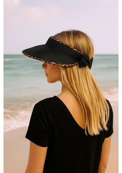 Ithal Siyah Leoparlı Fiyonklu Katlanır Güneş Koruyucu Hasır Vizör Şapka fiyatları