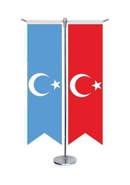 Doğu Türkistan Bayrağı ve Türkiye -Saten T direk 2li Masa Bayrağı
