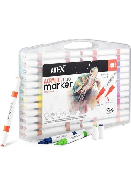 Art-X Akrilik Kalem Seti 48 Renkli Çift Uçlu 1 Mm ve 6 Mm Uç Özelliğiyle