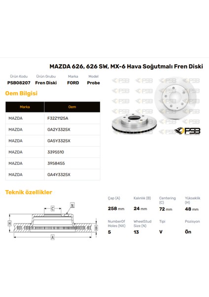Fren Diski Ön 258MM Mazda 626 1992-1997 Oem Kodu - GA5Y-33-25X-PSB08207