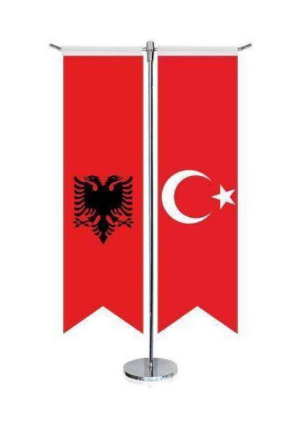 Arnavutluk Bayrağı -Çift Başlı Kartal ve Türkiye -Saten T Direk 2li Masa Bayrağı