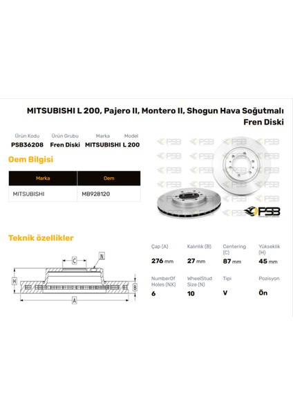 Fren Diski Ön 276MM Mıtsubıshı L200 4WD 2001- Pajero 2.8 Tdı 2001- Oem Kodu - MB928120-PSB36208