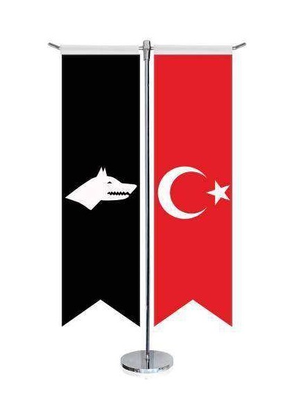 Siyah Beyaz Göktürk Bayrağı - 17 Eski Türk Devletleri ve Türkiye -Saten T Direk 2li Masa Bayrağı
