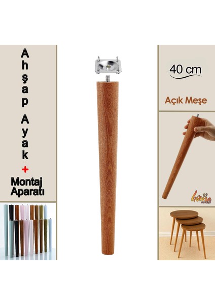 Ahşap Ayak 40 cm Açık Meşe M8 Civatalı Bağlantı Aparatlı Mobilya Tabure Sehpa Masa Destek Ayağı