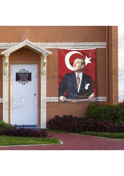 Göğe Bakan Gazi Mustafa Kemal Atatürk Imzalı Portre - Sivil Türk Bayrağı Poster - Bayrak 100X150 cm