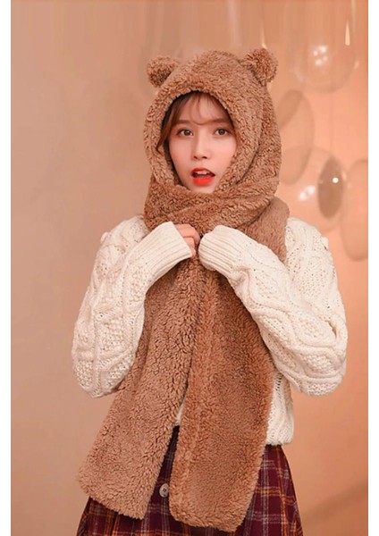 Kapüşonlu Camel Peluş Bere Atkı Kadın Welsoft Polar Boyunluk Şalı Rüzgar Geçirmez Kulaklı Şapka fiyatları