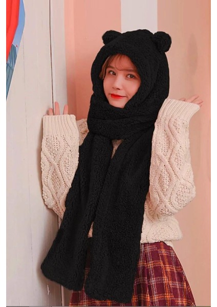 Siyah Peluş Bere Atkı Kadın Welsoft Polar Boyunluk Şalı Rüzgar Geçirmez Kulaklı Şapka