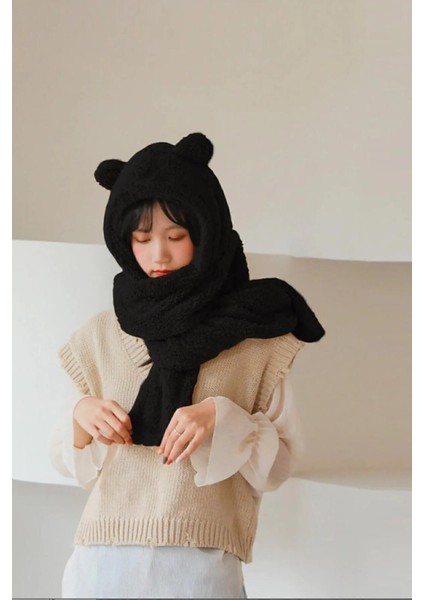 Siyah Peluş Bere Atkı Kadın Welsoft Polar Boyunluk Şalı Rüzgar Geçirmez Kulaklı Şapka fiyatları