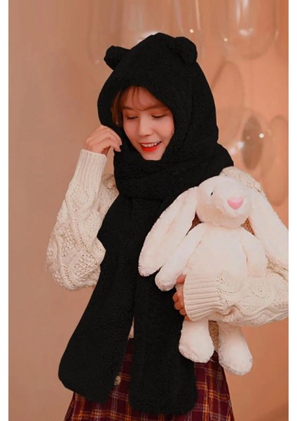 Siyah Peluş Bere Atkı Kadın Welsoft Polar Boyunluk Şalı Rüzgar Geçirmez Kulaklı Şapka fırsatları