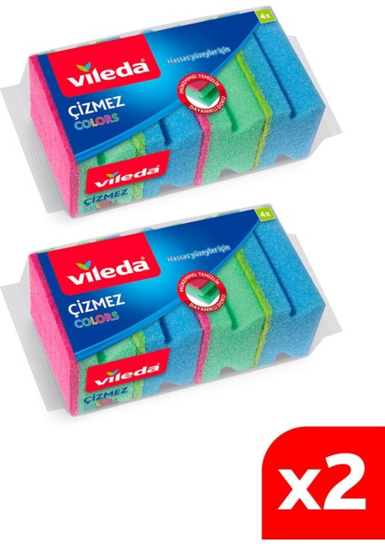 2 Paket 4'lü Renkli Çizmesiz Bulaşık Süngeri Seti