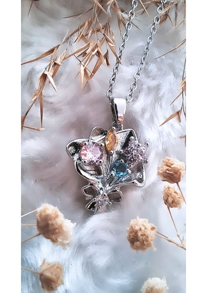 Renkli Çiçek Buketi Figürlü Çelik Kolye