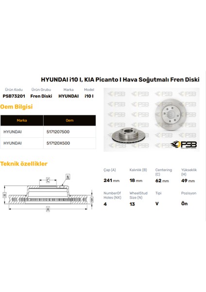 Fren Diski Ön 241MM Hyundaı I10 1.0 1.1 1.2 2008- Pıcanto 2004- Oem Kodu - 51712-0X500-PSB73201