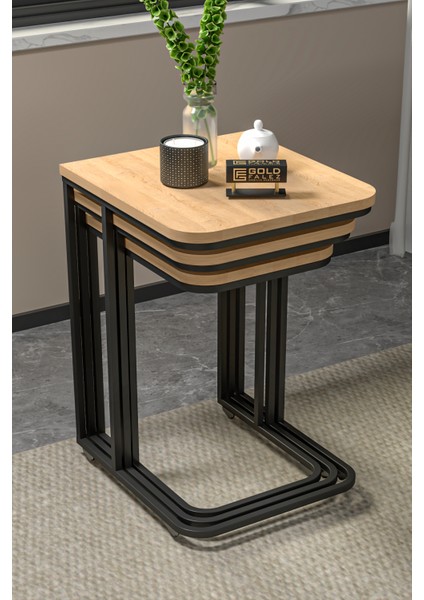 Zigon Sehpa 3'lü Tekerlekli Metal Ayaklı Yan Sehpa Karina Meşe