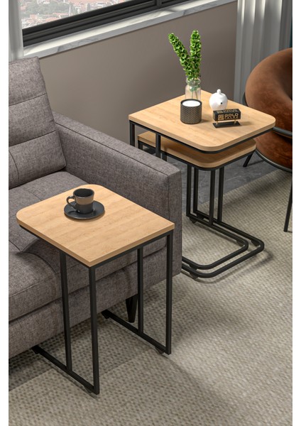 Zigon Sehpa 3'lü Tekerlekli Metal Ayaklı Yan Sehpa Karina Meşe fiyatları