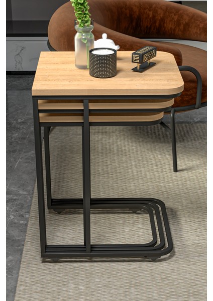 Zigon Sehpa 3'lü Tekerlekli Metal Ayaklı Yan Sehpa Karina Meşe modelleri