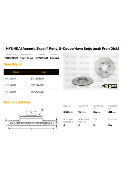 Fren Diski Ön 242MM Hyundaı Accent 1994-2000 Excel 1990-1994 Oem Kodu - 51712-24100-PSB09202