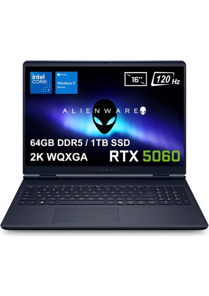 Alienware 16 Aurora Intel Core 7-240H 64GB DDR5 1TB SSD RTX5060 8GB 16 inç 2K WQXGA 120Hz WVA windows 11 Home Taşınabilir bilgisayar (AC16250-C716156W-3)