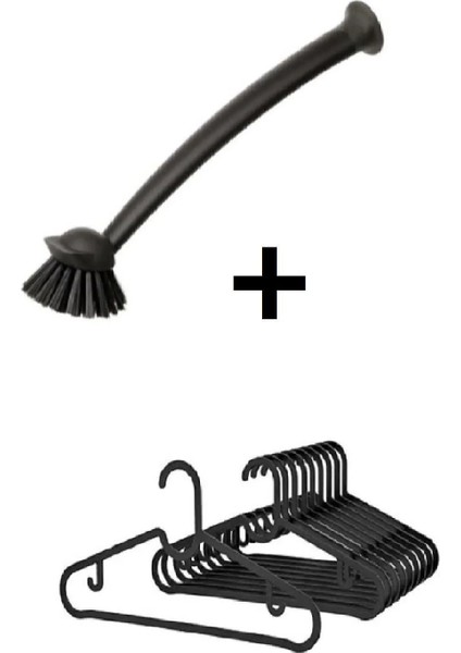 Vantuzlu Plastik Bulaşık Fırçası ve Elbise Askısı 10'lu Set Siyah
