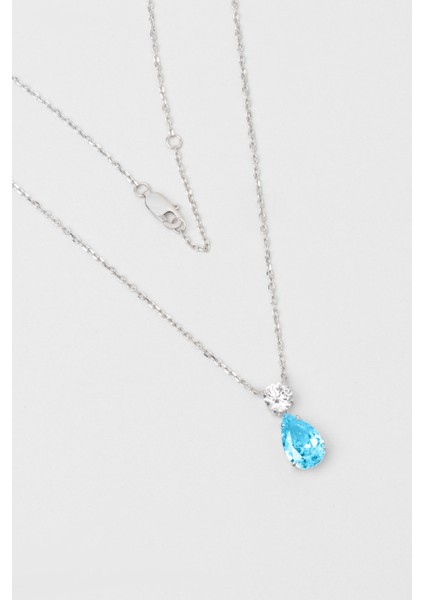 Aquamarine Taşlı 18 Ayar Beyaz Altın Kaplama 45 cm Gümüş Kolye