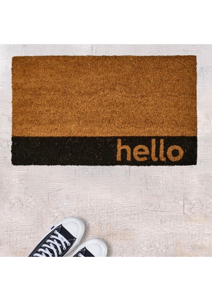 Bordürlü Hello Kapı Önü Paspası - Bej - 35X60 cm