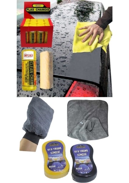 4 Lü Mikrofiber Oto Yıkama Seti Kurulama Bezi Cam Bezi Güderi Oto Eldiven Oto Sünger